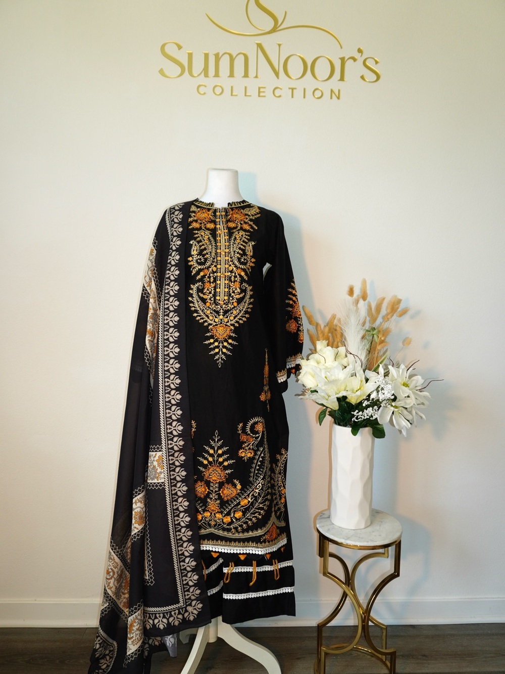 Black & Orange Embroidered Women's Pakistani Dress